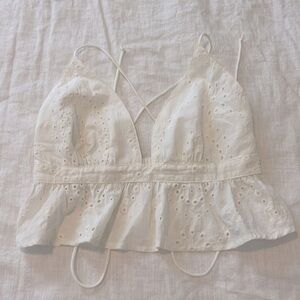 White Cotton Eyelet Peplum Crop Top Criss Cross Back Straps Size Small